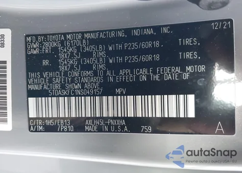 2022 Toyota Sienna Xle Woodland Edition z USA, uszkodzony, nr VIN 5TDASKFC1NS049157